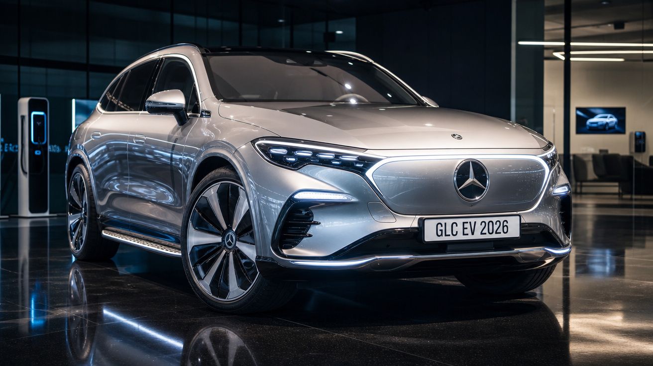 SUV elétrico Mercedes-Benz prata estacionado em showroom moderno e iluminado.