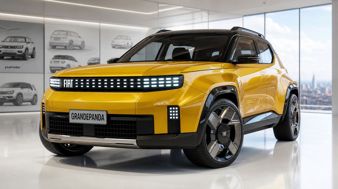 Carro elétrico Fiat Grande Panda amarelo em exposição moderna, com luzes de LED e rodas pretas.