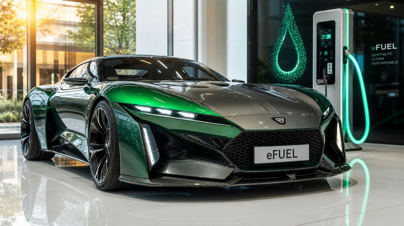 Carro esportivo elétrico verde metálico conectado a carregador eFUEL em ambiente interno moderno.