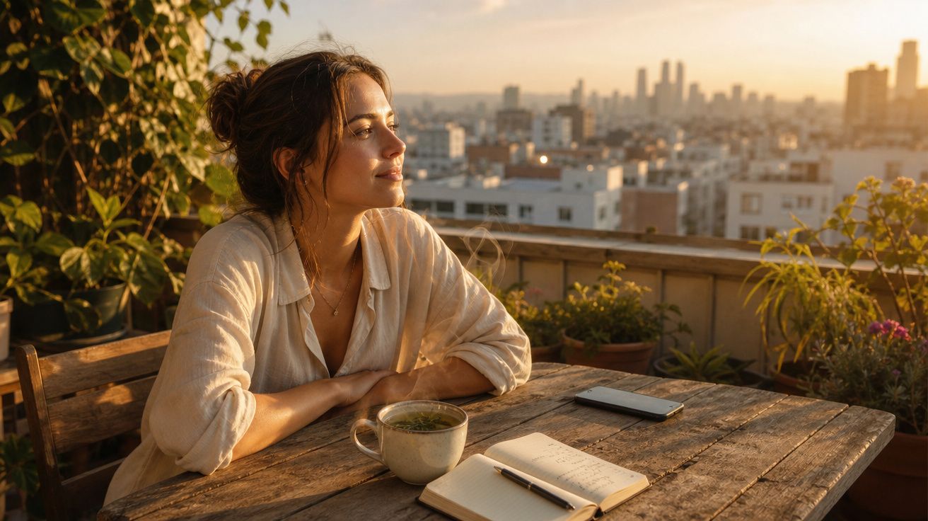 Mulher sentada à mesa de madeira com chá, notebook e celular, contemplando o pôr do sol na cidade.