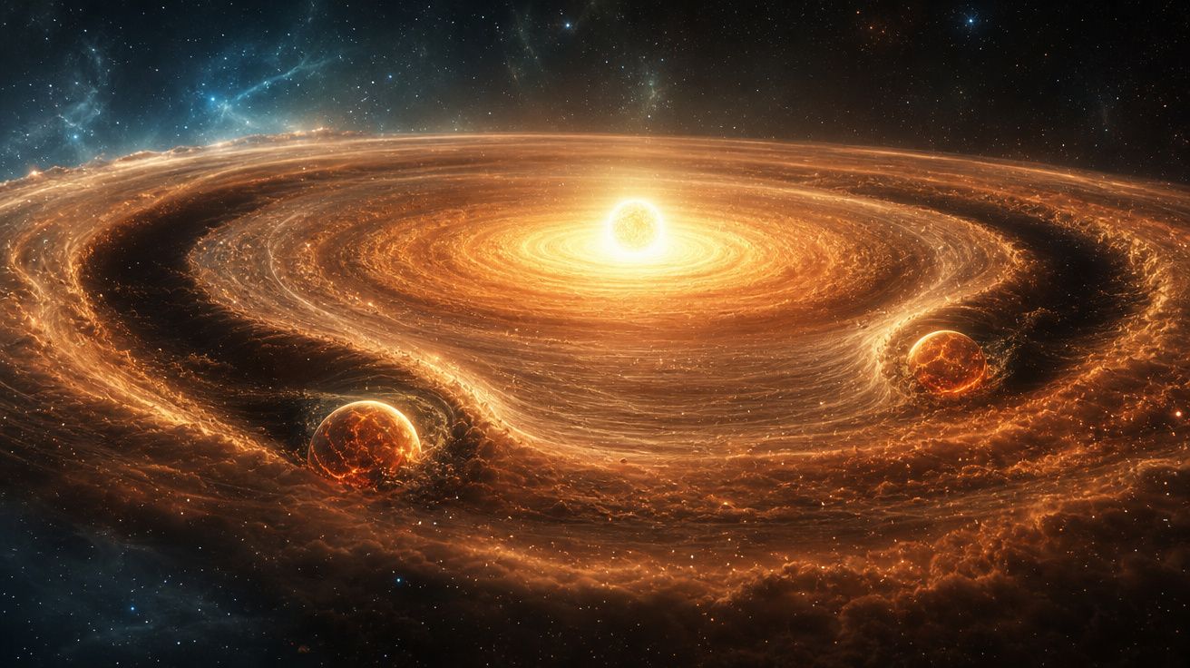 Imagem artística do espaço com duas planetas orbitando uma estrela brilhante em um disco de poeira cósmica laranja.
