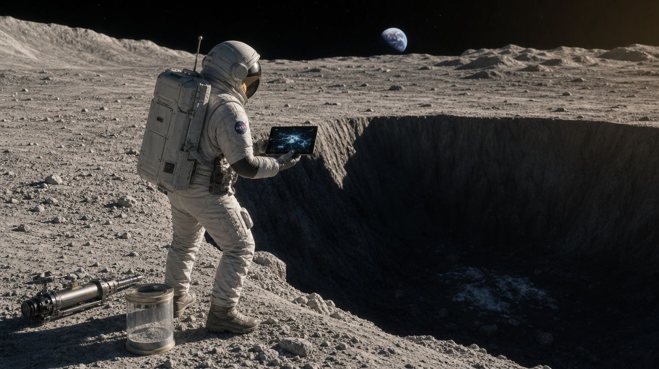 Astronauta com traje espacial analisa tablet próximo a cratera na superfície lunar com a Terra ao fundo.