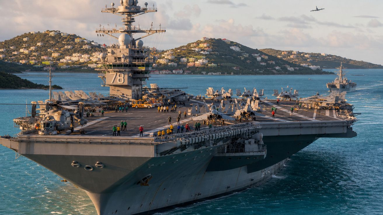 Porta-aviões militar no mar com aeronaves e tripulação no convés, ilhas ao fundo, sob céu nublado.