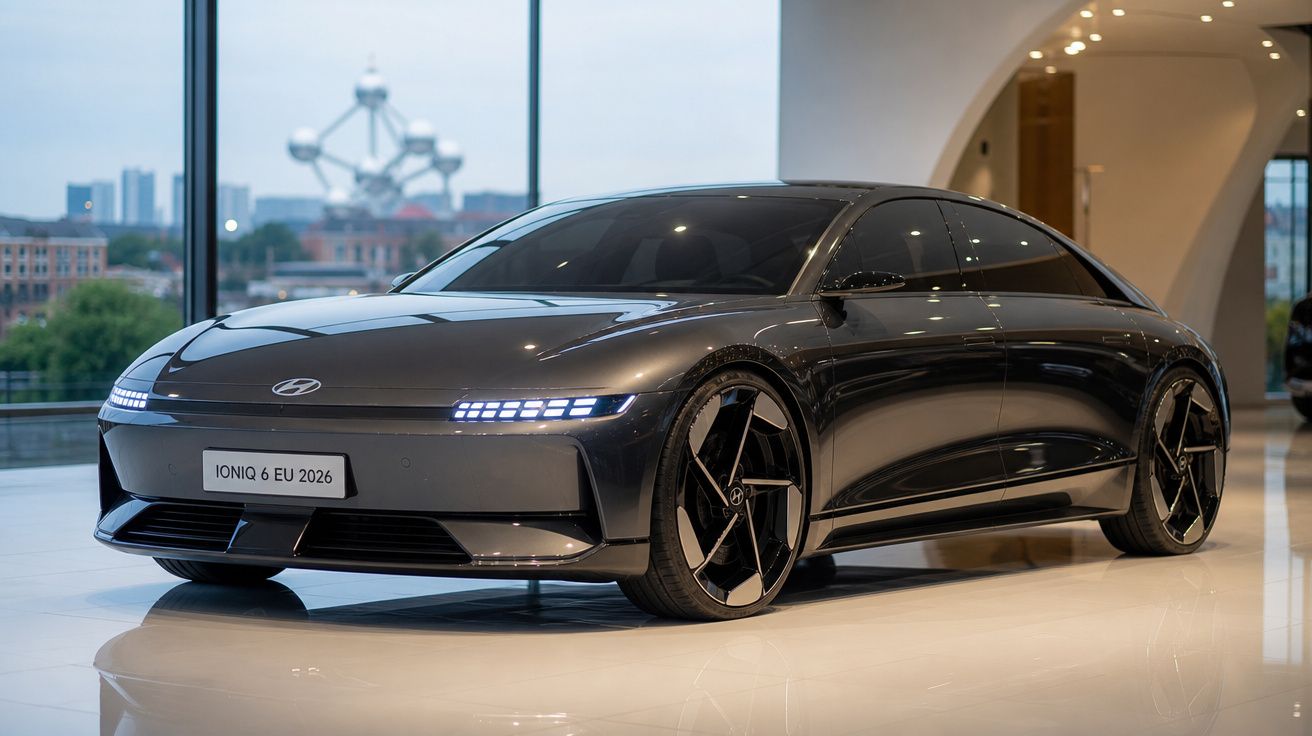 Carro elétrico Hyundai Ioniq 6 preto em exibição em ambiente moderno e iluminado.