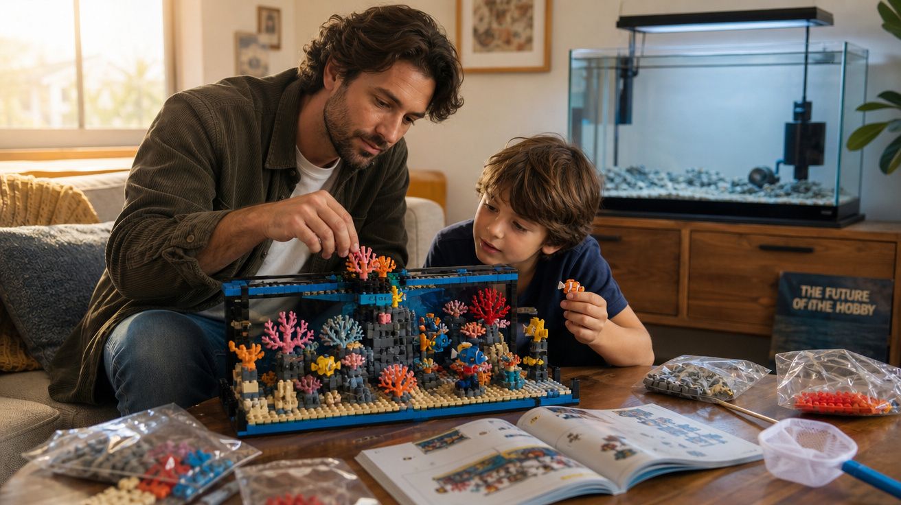 Homem e menino montam um modelo de corais de brinquedo na sala de estar, com caixa e manual na mesa.