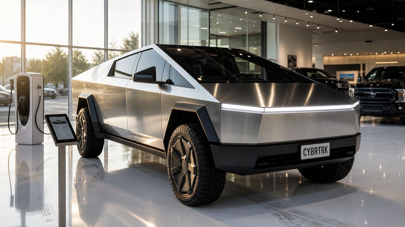Carro elétrico futurista Tesla Cybertruck prata carregando em estação dentro de showroom moderno.