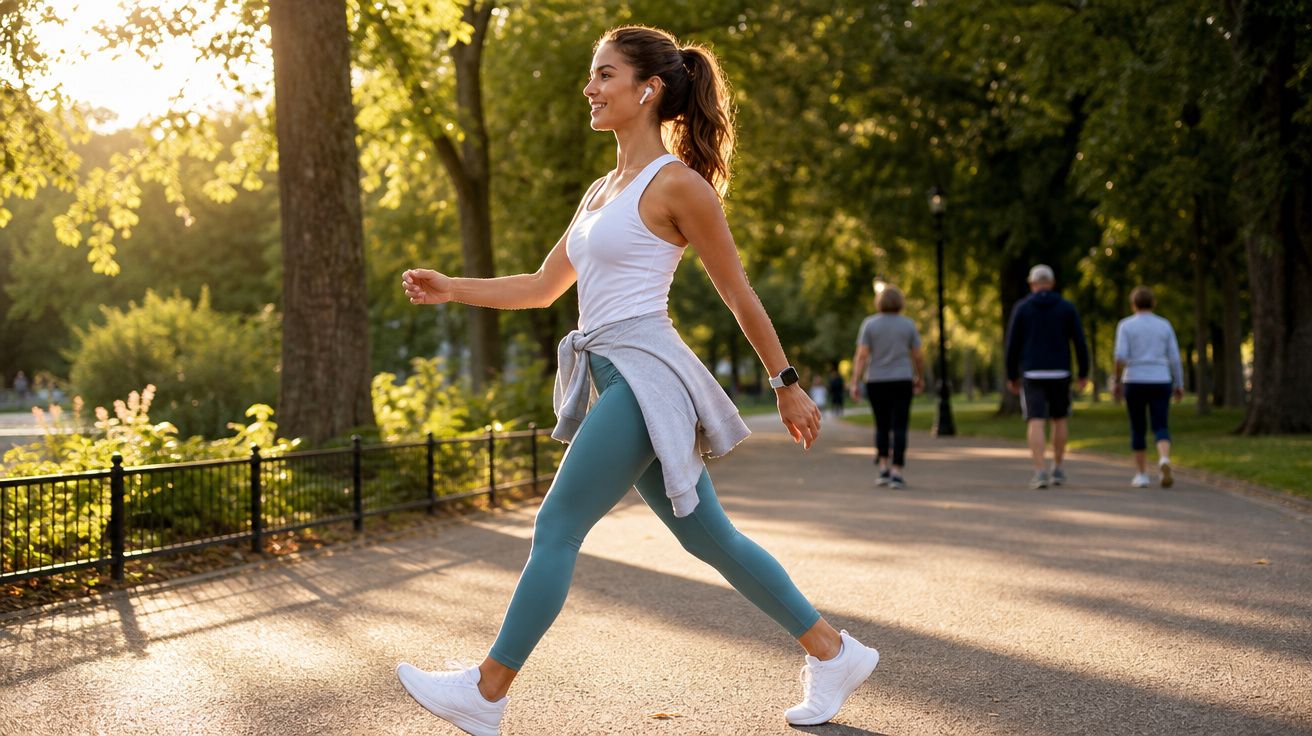Mulher caminhando animada em parque ao entardecer com roupa esportiva e fones de ouvido.