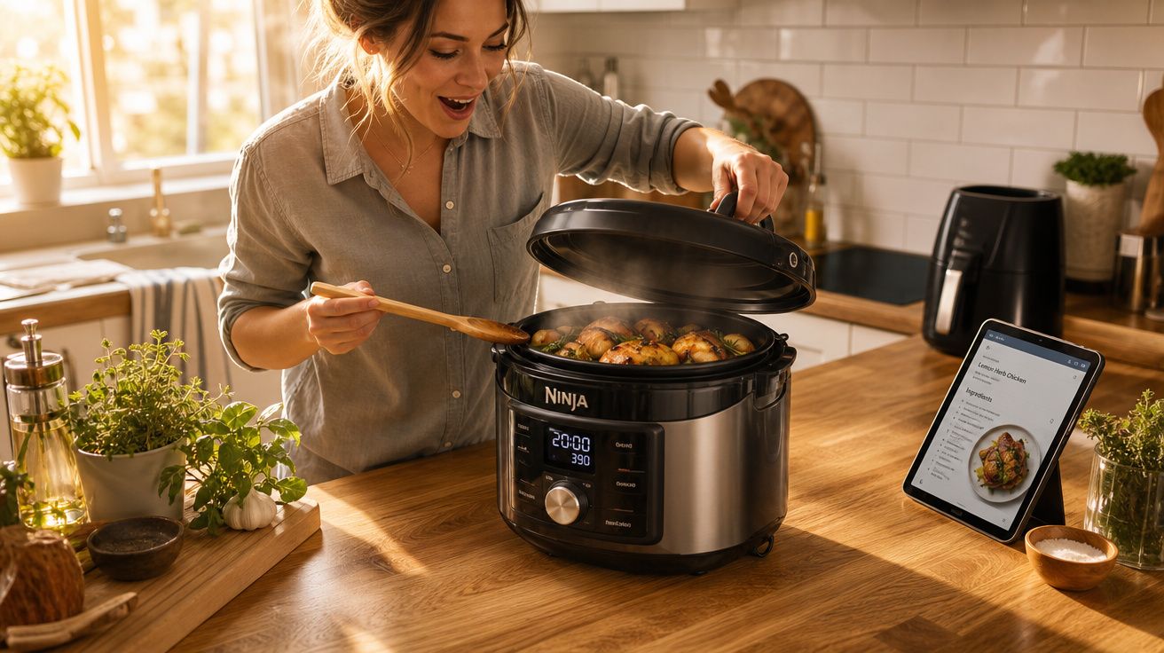 Mulher animada usando panela elétrica para cozinhar frango na cozinha iluminada.