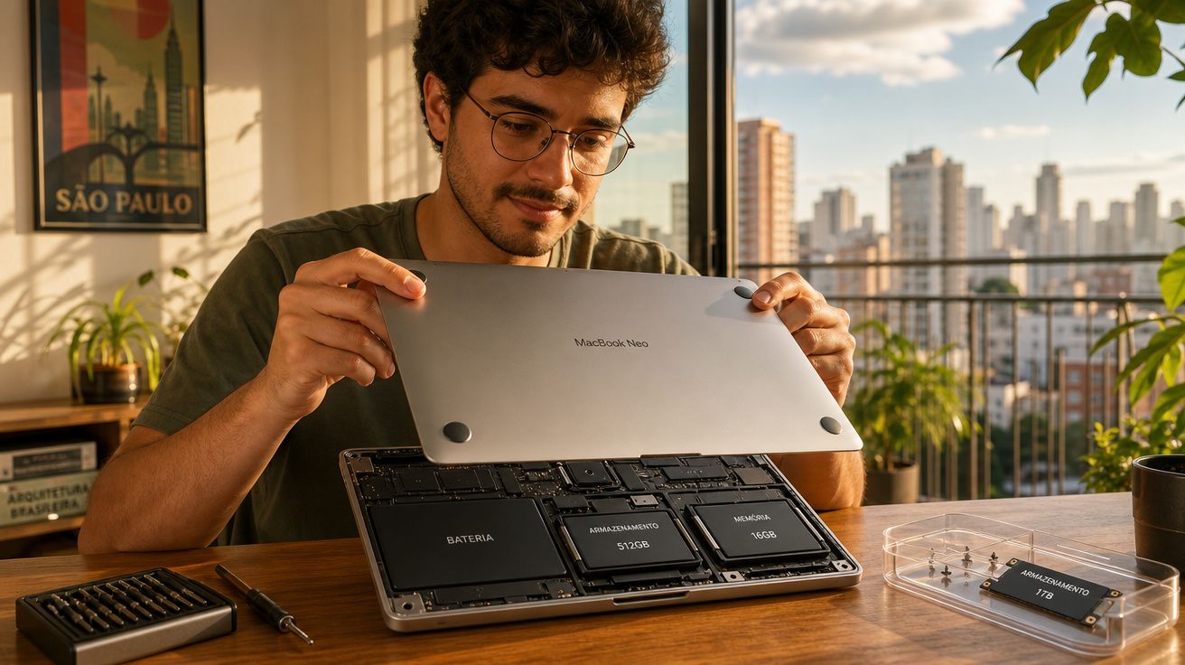 Homem abrindo MacBook para mostrar componentes internos em ambiente com vista urbana ao fundo.