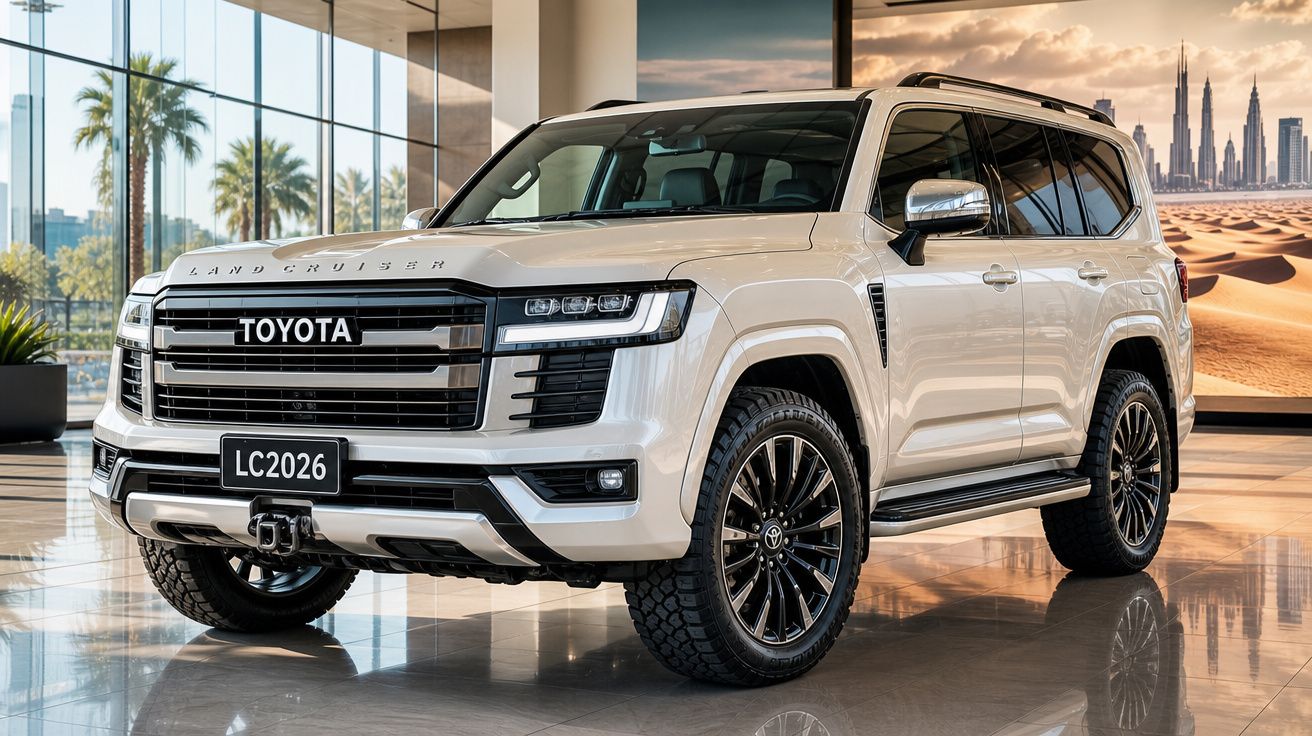 SUV Toyota Land Cruiser 2026 branco exibido em showroom moderno com grande janela e paisagem urbana ao fundo.