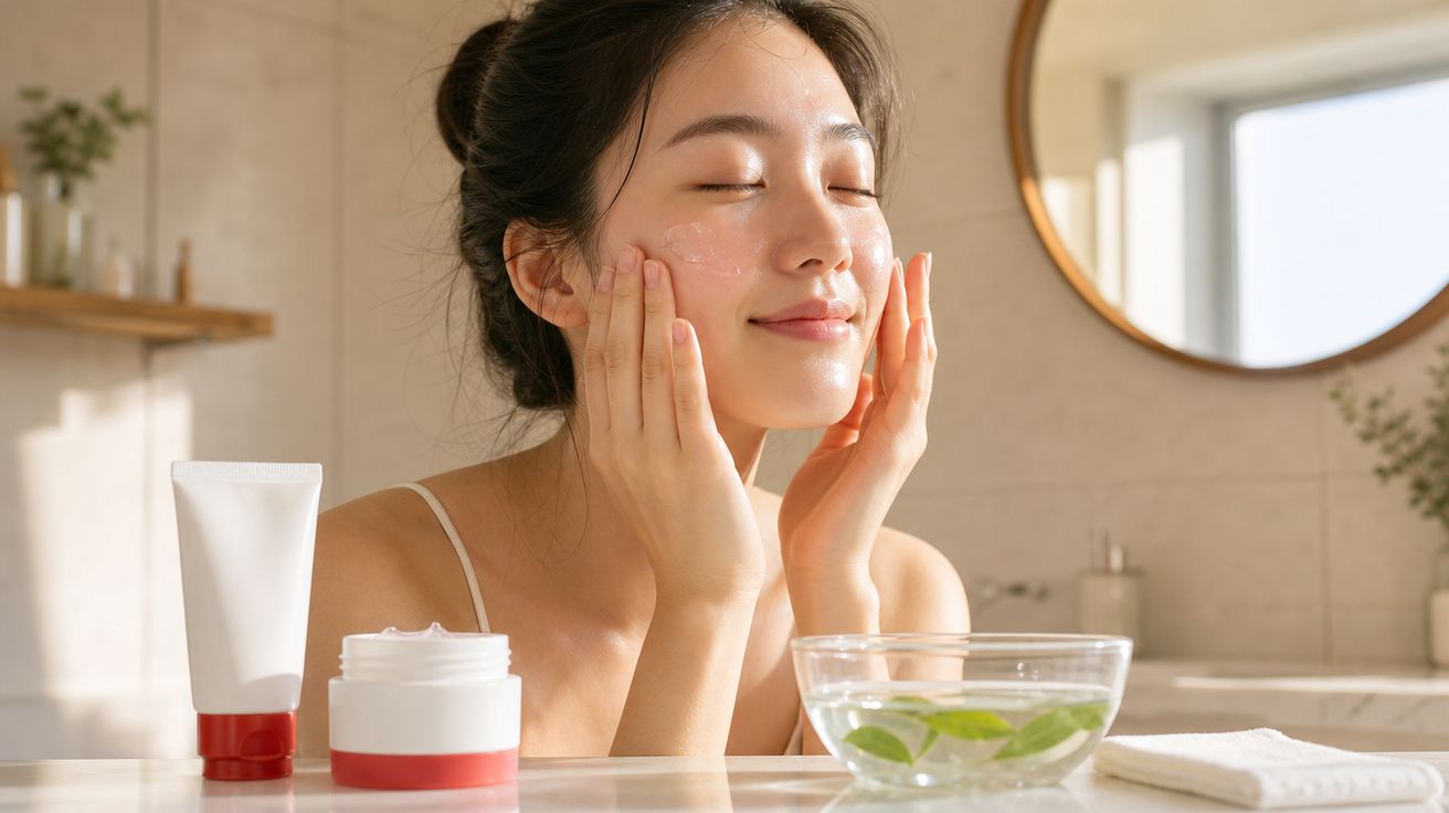 Mulher aplicando creme facial, com frascos de cosméticos e tigela de água com folhas na bancada do banheiro.