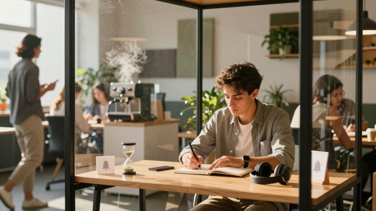 Jovem concentrado escrevendo em caderno em mesa de coworking com fones e ampulheta ao lado.