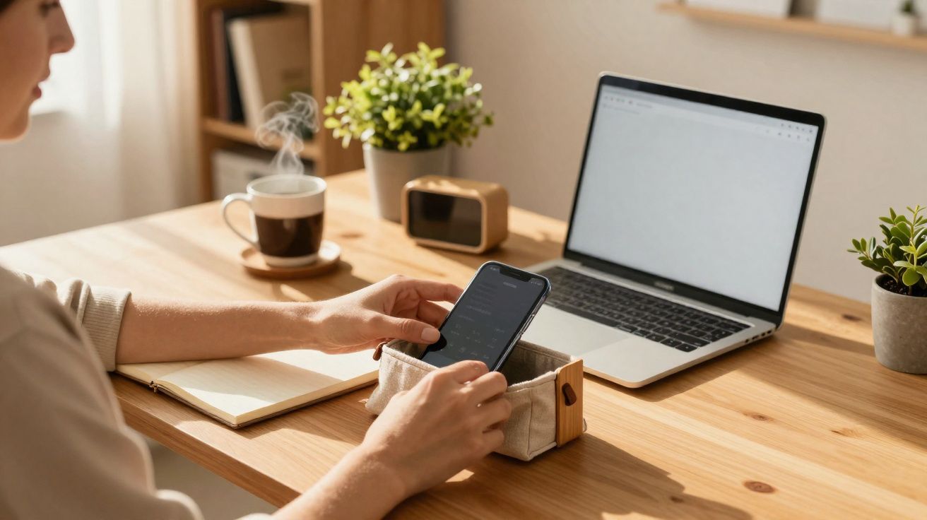 Pessoa usando celular em mesa de trabalho com notebook, plantas, caderno e xícara de café.
