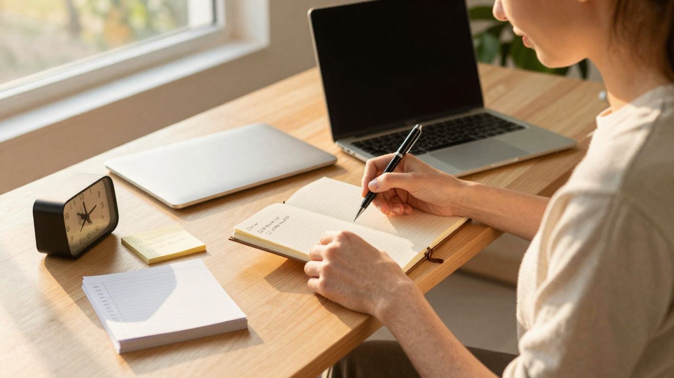 Pessoa escrevendo em um caderno próximo a laptop, relógio e blocos de notas em mesa de madeira clara.