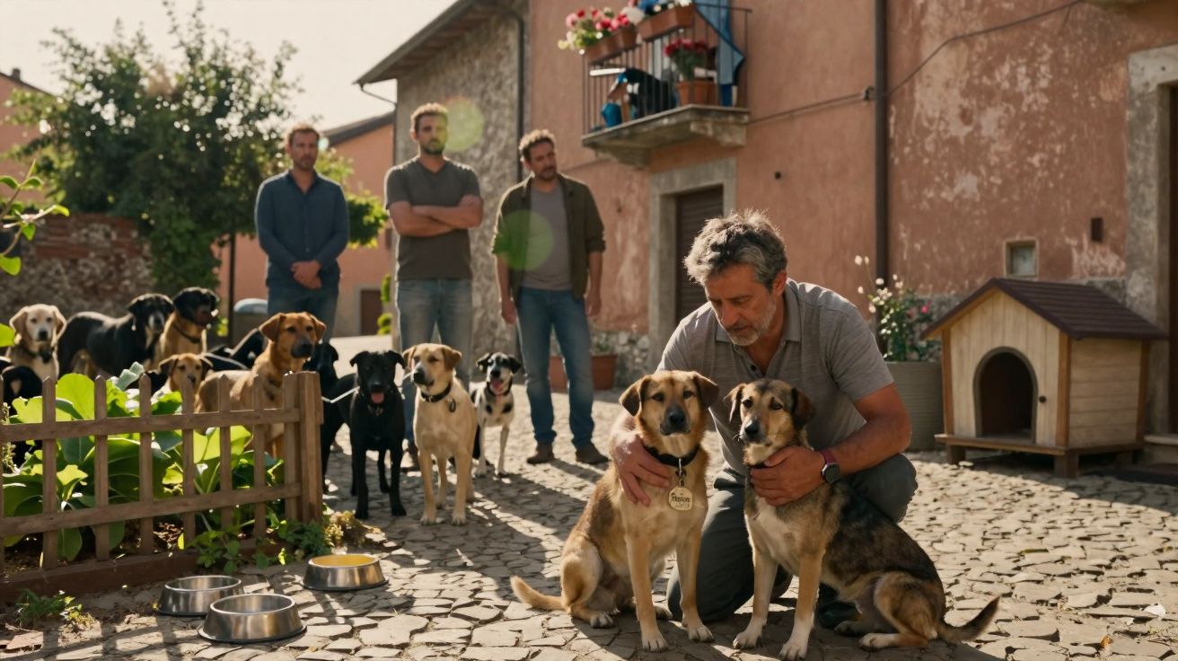 Homem agachado acaricia dois cães na frente de casa, com mais cães e três homens ao fundo.