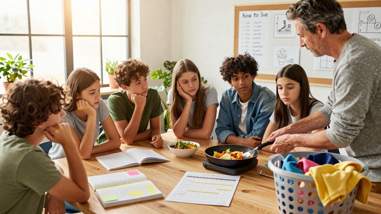 Professor mostrando culinária para grupo de adolescentes atentos ao redor de mesa com livros e roupas.