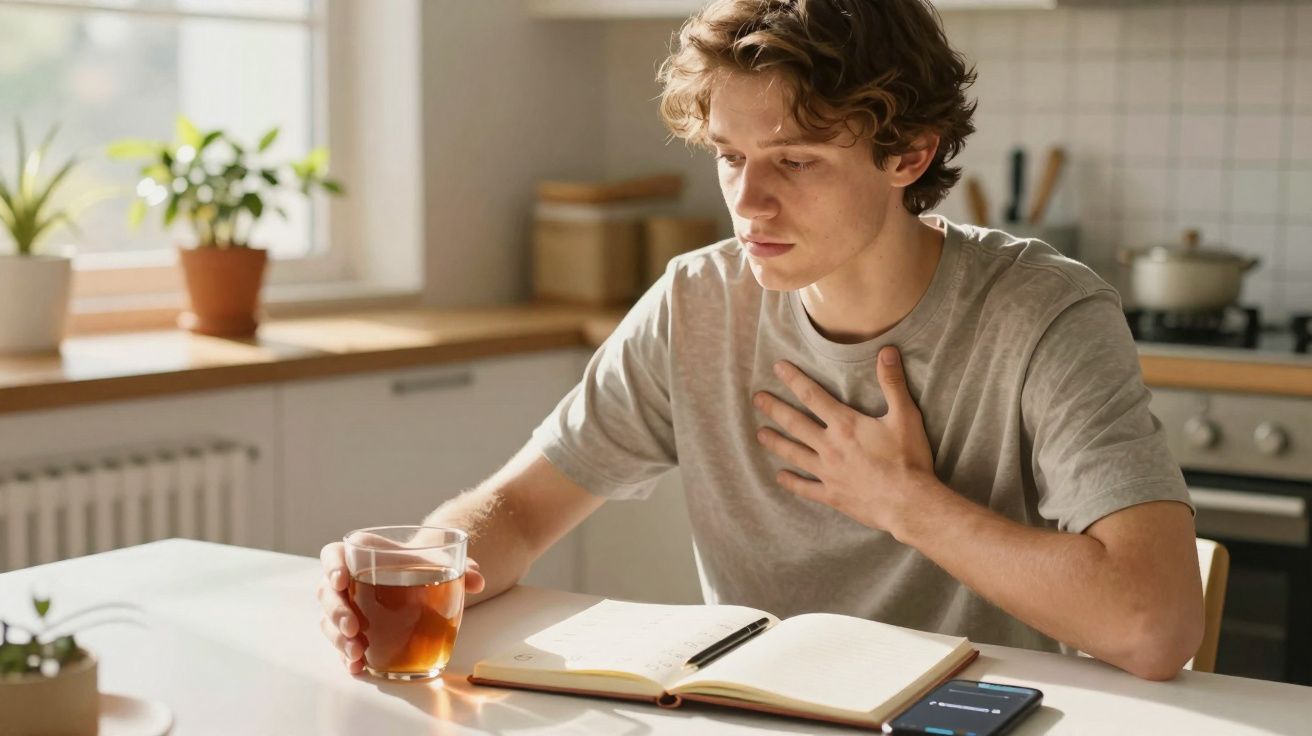 Jovem sentado à mesa, segurando copo de chá e com a outra mão no peito, lendo caderno aberto na cozinha.