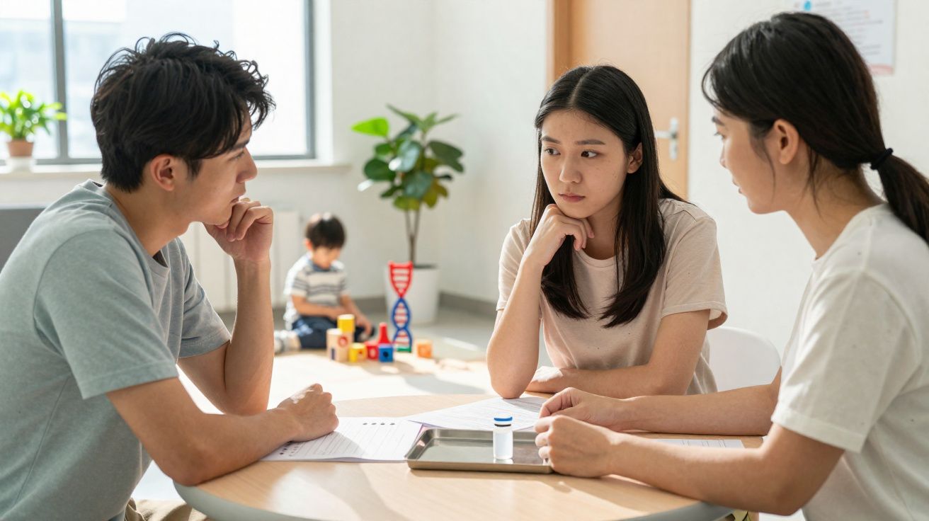 Três adultos conversando seriamente em uma mesa, com um menino brincando ao fundo em ambiente claro e informal.