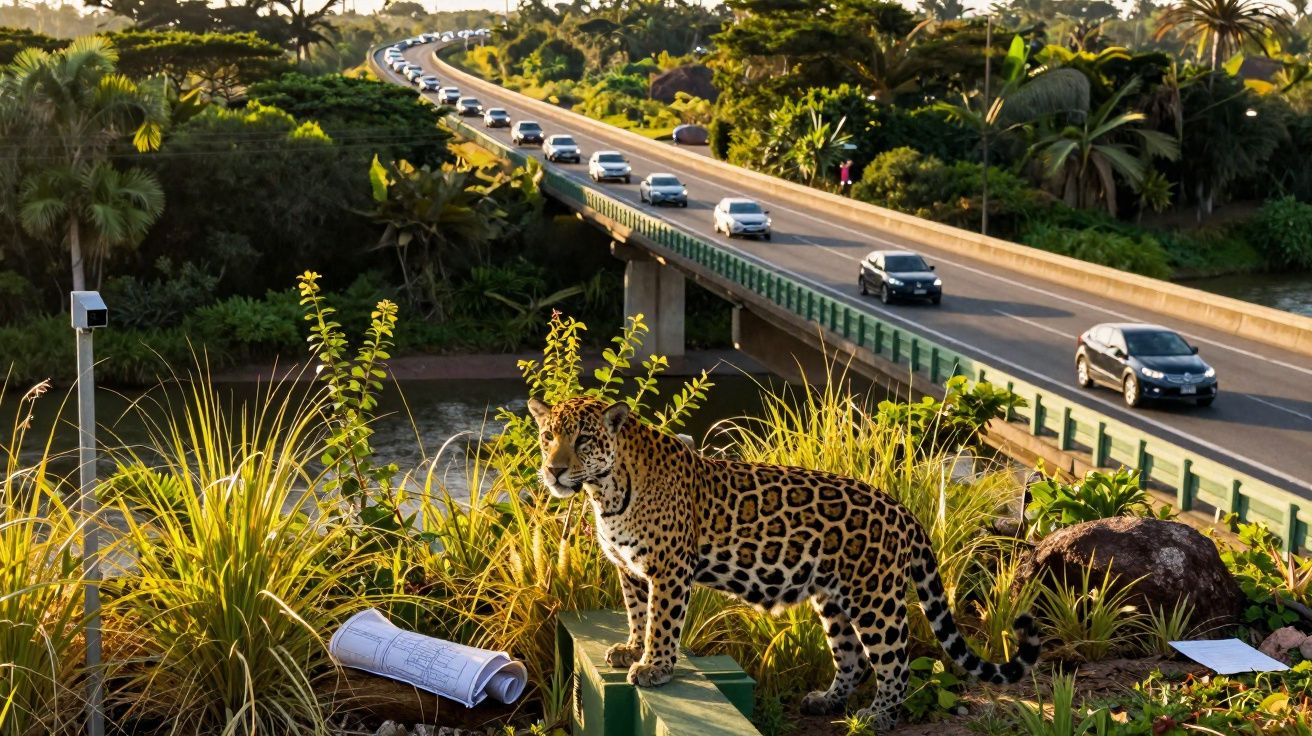 Onça-pintada em área verde próxima a ponte com carros em estrada movimentada ao fundo.