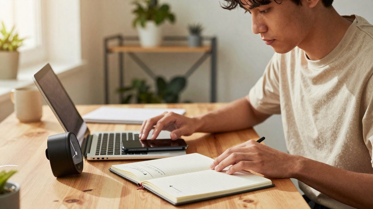 Jovem estudando em mesa de madeira, usando laptop, escrevendo em caderno e com celular ao lado.