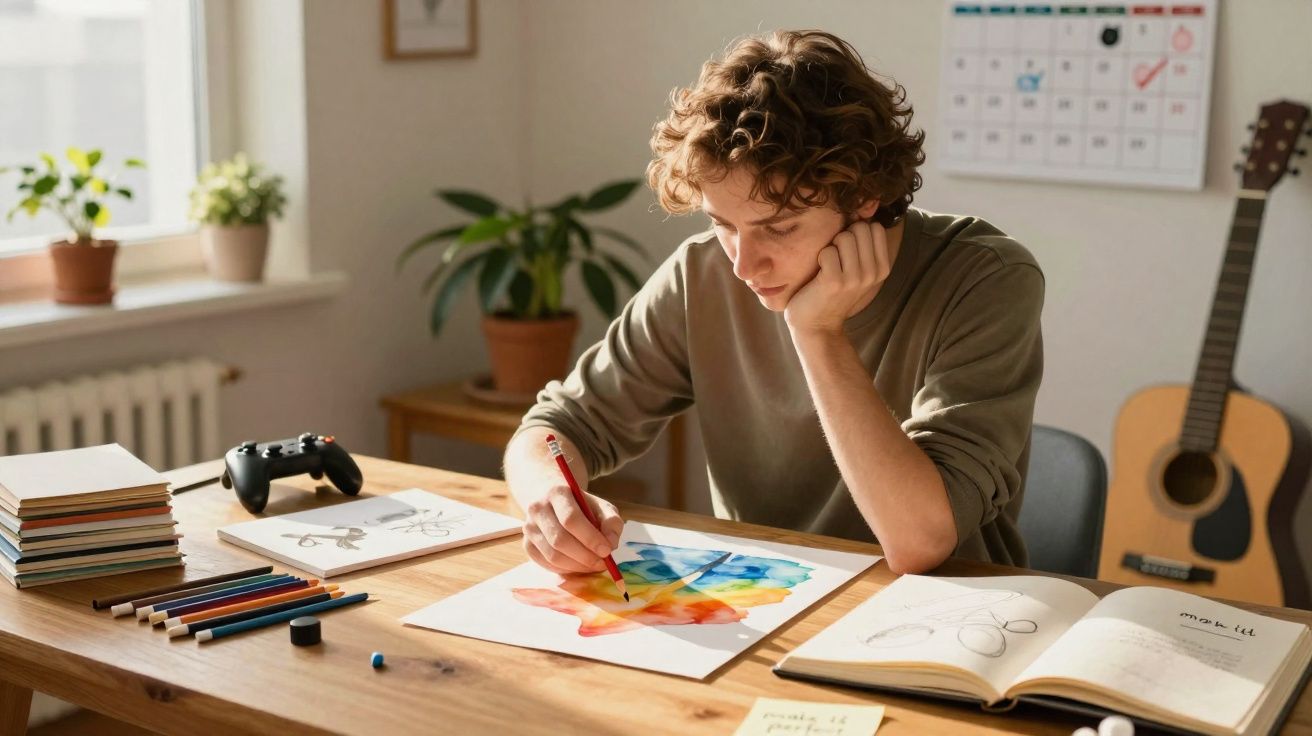 Jovem sentado à mesa pintando aquarela colorida com lápis, rodeado de livros e materiais de desenho.