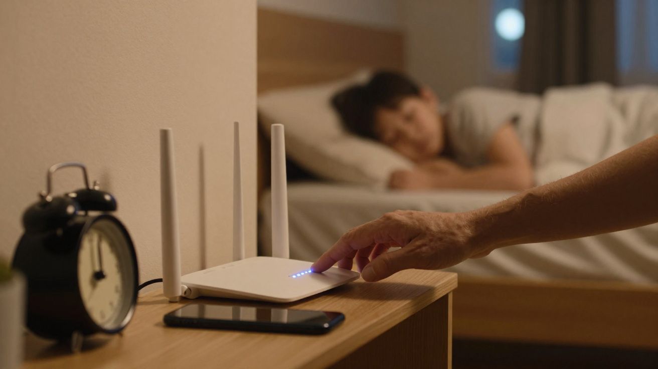 Pessoa desligando roteador sem fio perto de celular e relógio, com criança dormindo ao fundo.