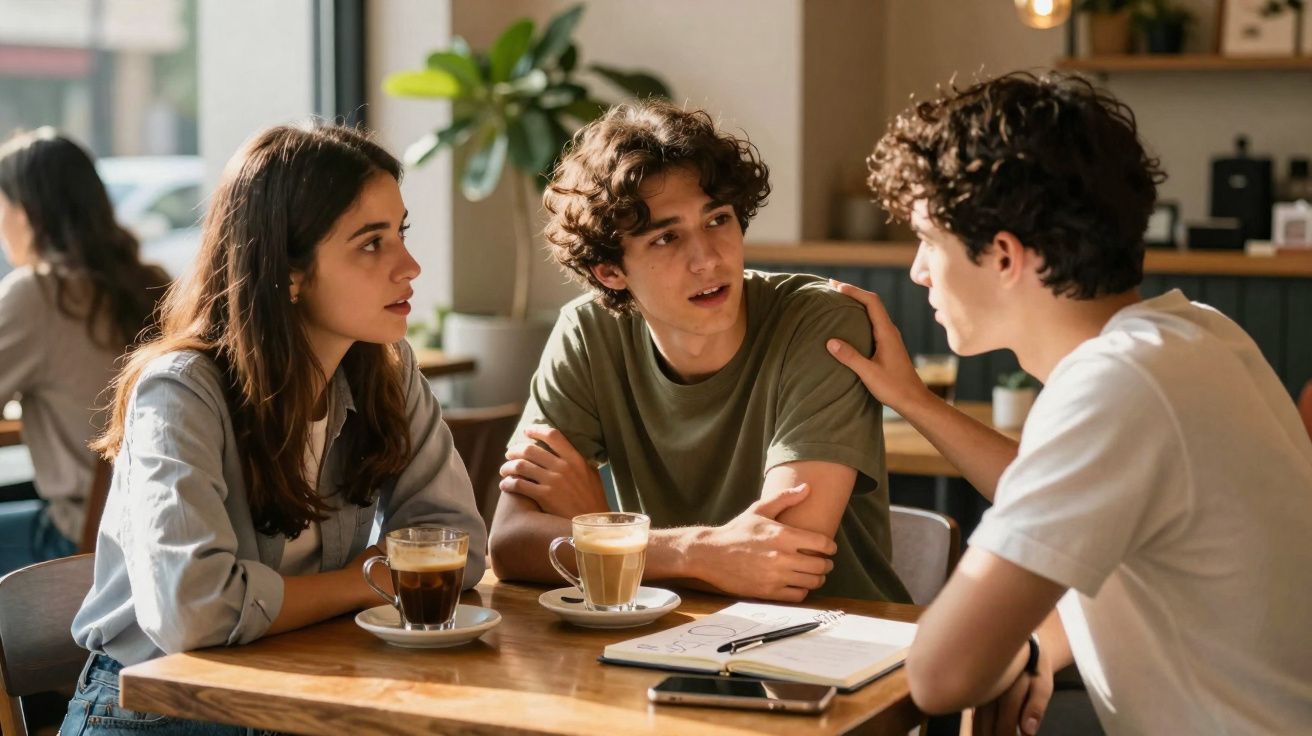 Três jovens conversando em mesa de cafeteria com café e cadernos, em ambiente iluminado e aconchegante.