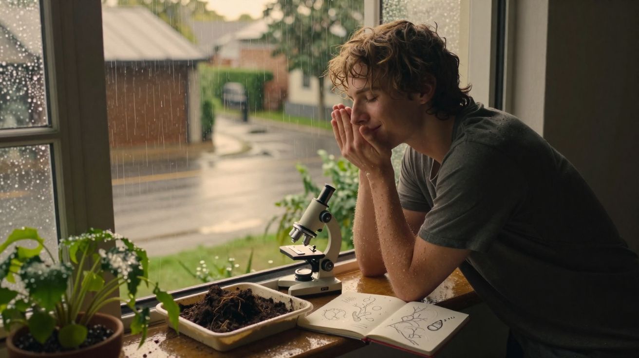 Jovem observando pela janela chuvosa, com microscópio, plantas e caderno de desenhos botânicos na mesa.