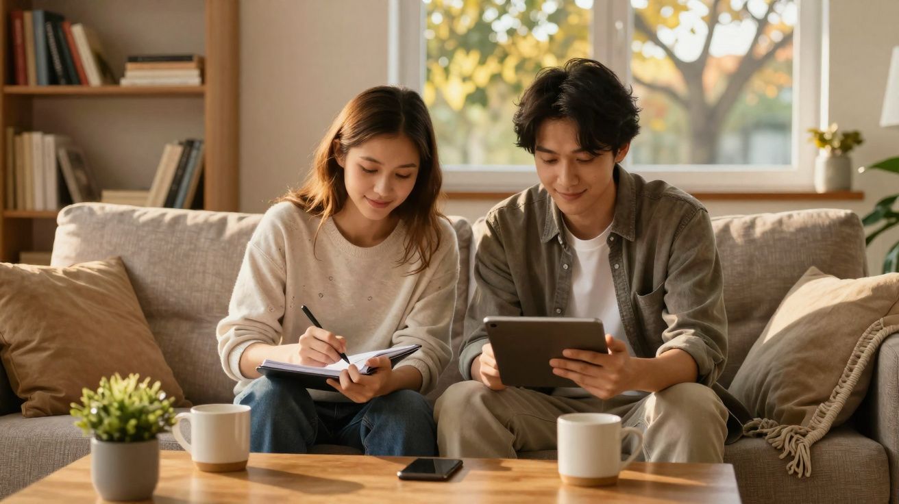 Casal jovem estudando juntos no sofá, com caderno, tablet e canecas sobre a mesa de madeira.