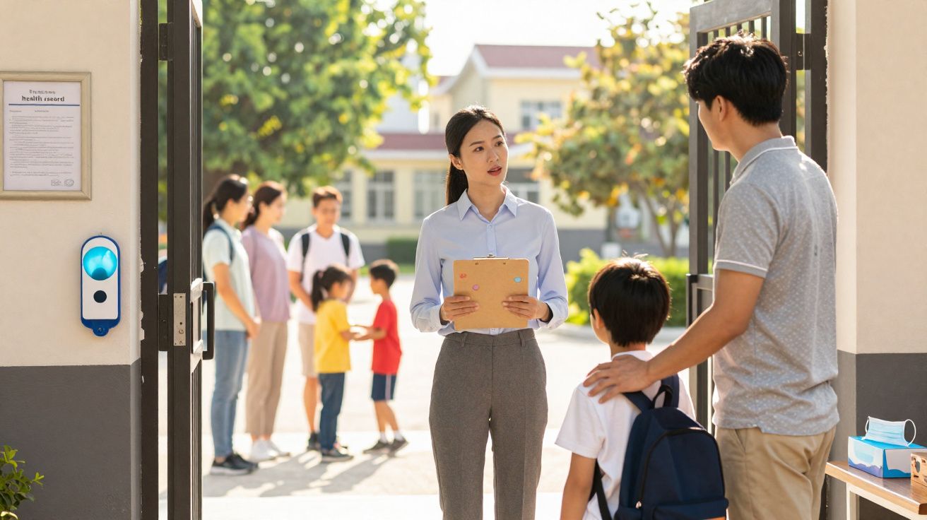 Pai e filho com mochila falando com mulher de uniforme na entrada da escola, com outras crianças e adultos ao fundo.