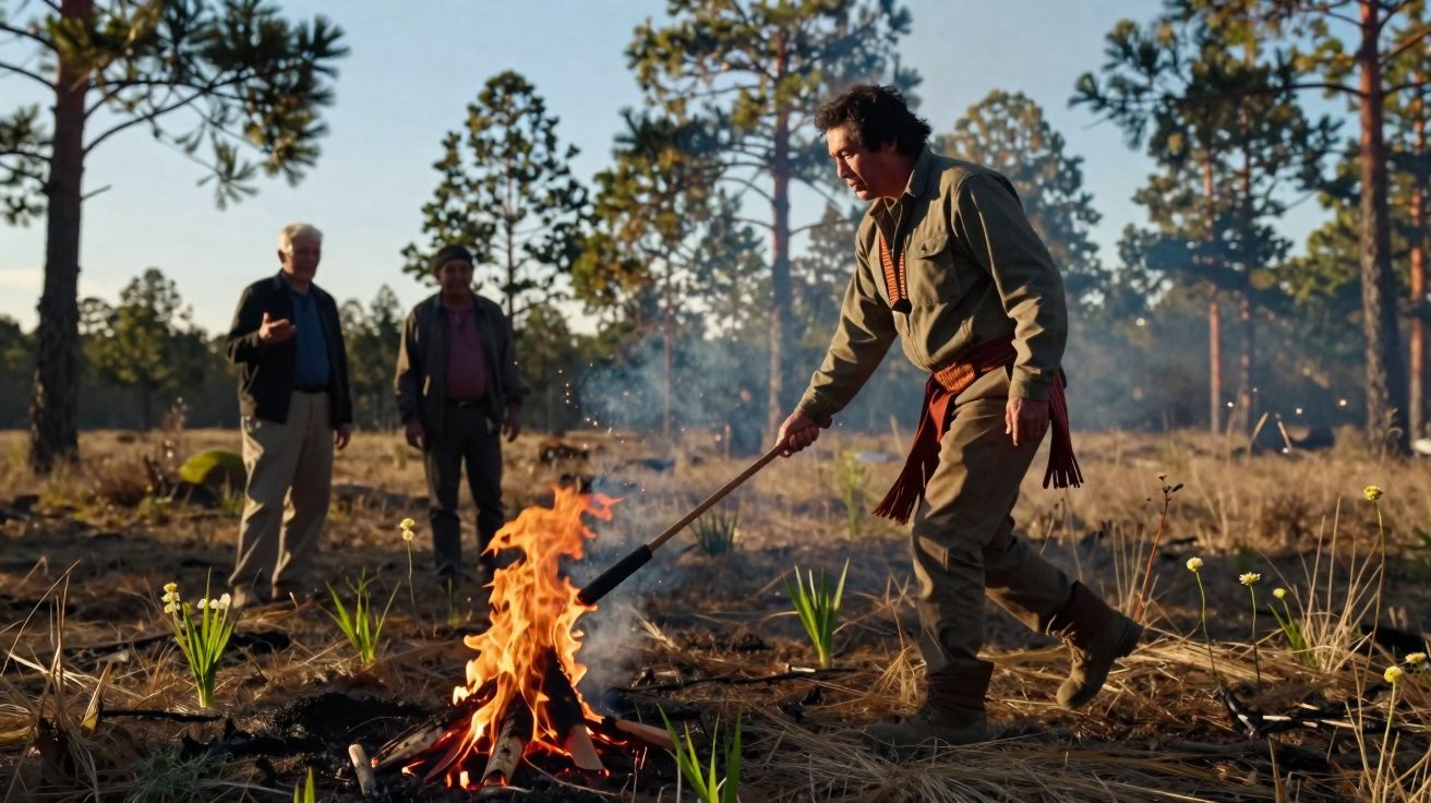 Homem usando roupas rurais acende fogo no campo enquanto dois observam ao fundo entre árvores e plantas.