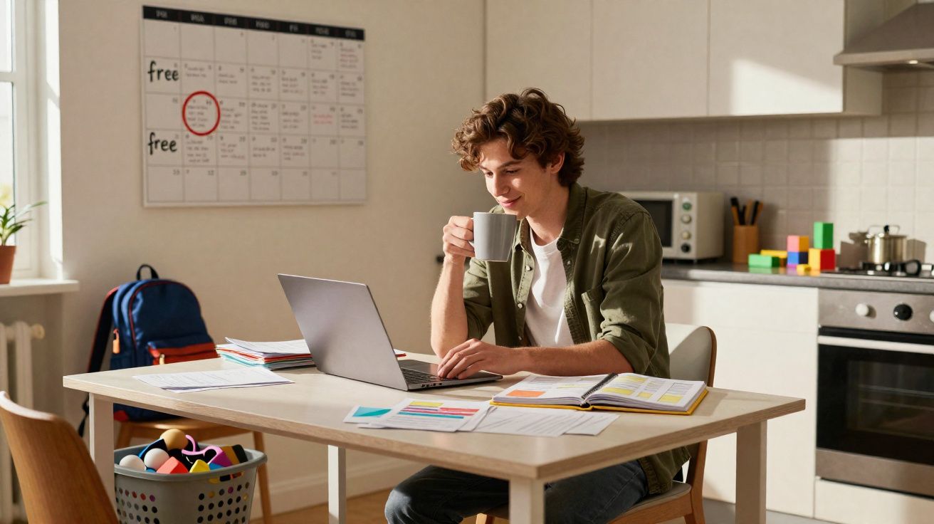Jovem sentado à mesa em cozinha, usando laptop e segurando caneca, com materiais de estudo espalhados.