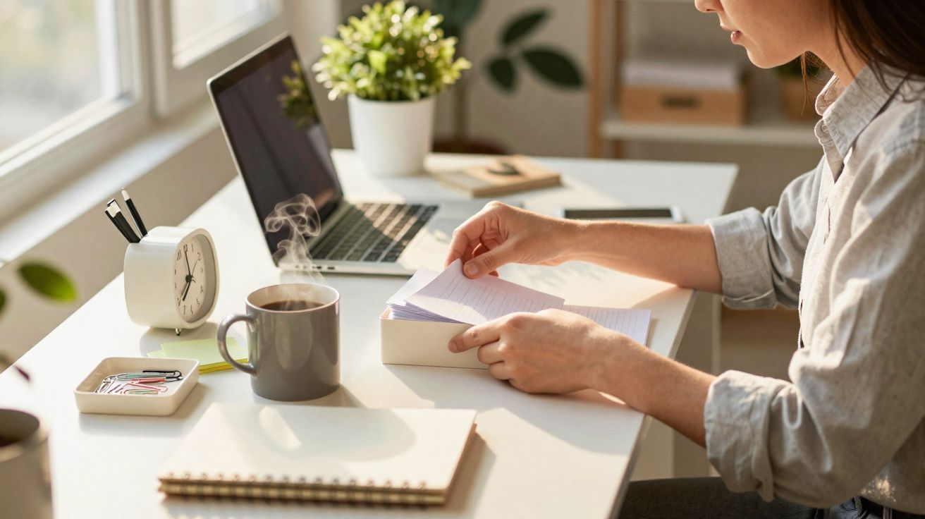 Pessoa trabalhando em mesa com laptop, caderno, café quente e relógio branco ao lado de planta.