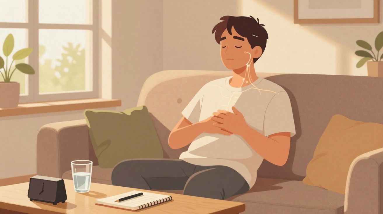 Homem relaxando no sofá com fones de ouvido, olhos fechados, e mãos no peito em ambiente iluminado.