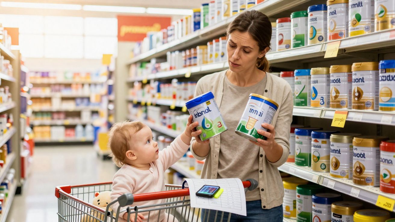 Mãe segurando dois potes de fórmula infantil enquanto criança na cadeirinha do carrinho de supermercado observa.