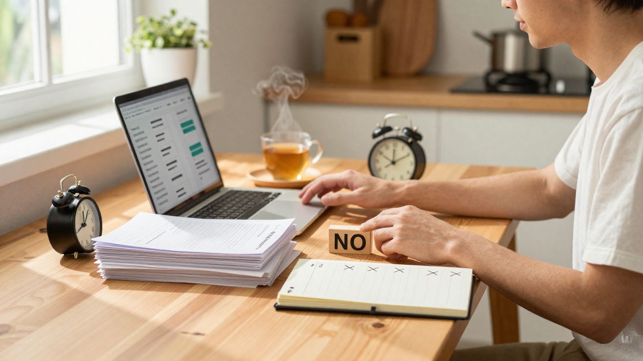 Pessoa sentada à mesa com laptop, blocos de madeira com a palavra "NO" e papelada organizada.