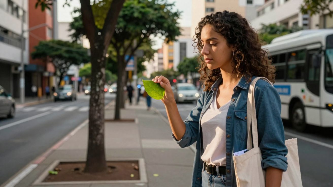Mulher jovem em roupa casual observa uma folha verde na mão enquanto está na calçada da cidade.