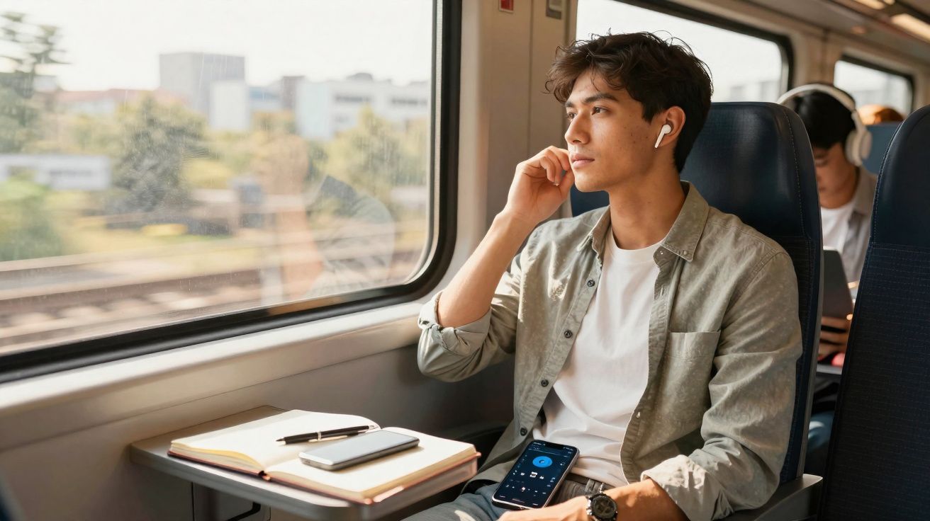 Jovem usando fones de ouvido olhando pela janela do trem com caderno e celular na mesa à frente.