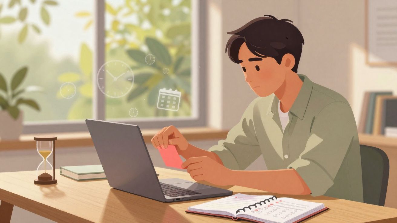 Homem sentado em mesa organizando notas com laptop, agenda e ampulheta em ambiente iluminado.