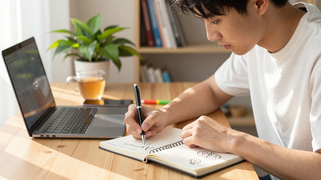 Pessoa escrevendo em caderno ao lado de laptop e xícara de chá em mesa com planta ao fundo.