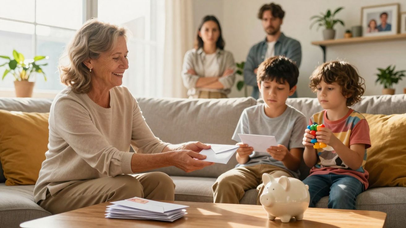 Idosa entrega cartas para dois meninos sentados no sofá, com casal observando ao fundo.