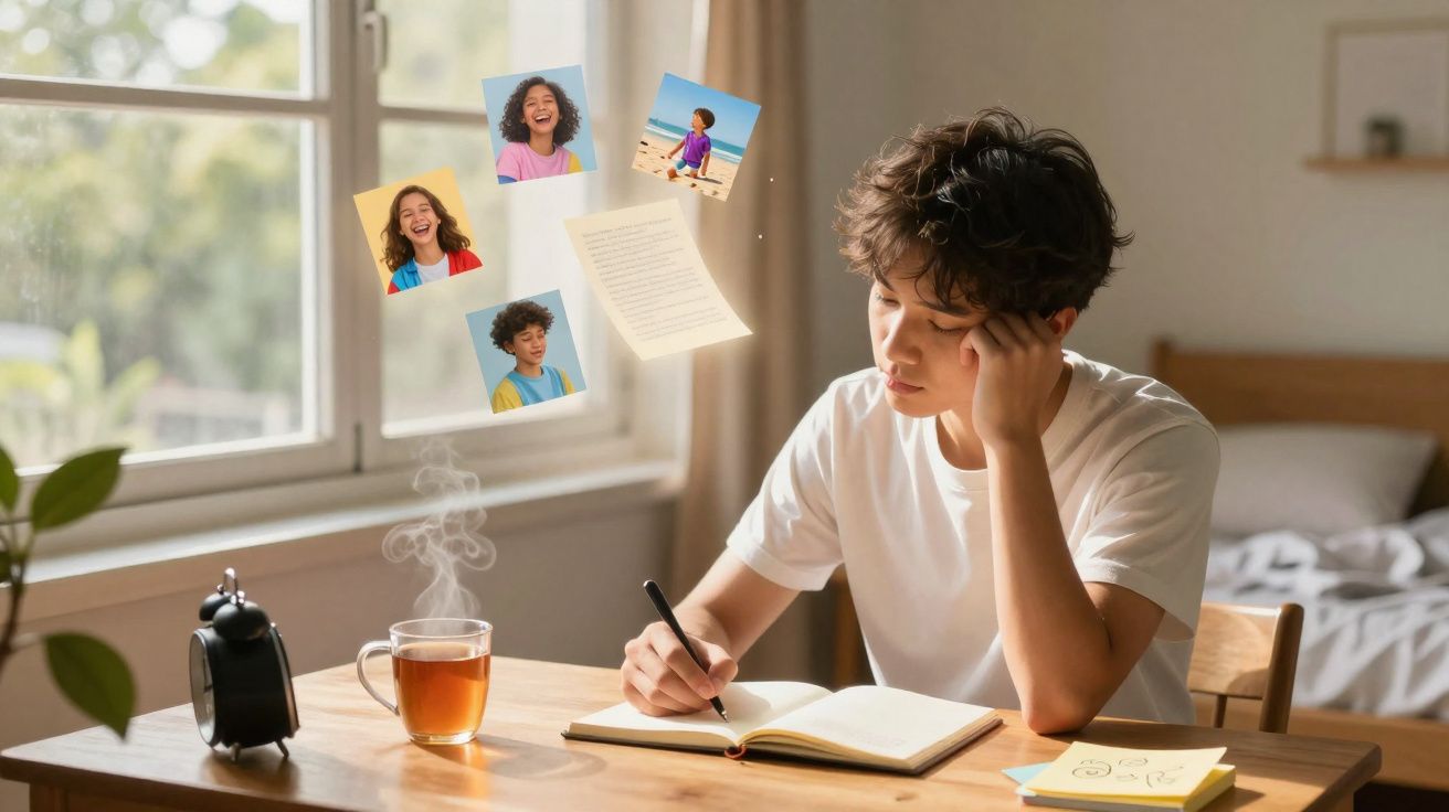 Jovem sentado à mesa escrevendo em caderno, olhando pensativo, com fotos e papel flutuando ao redor.