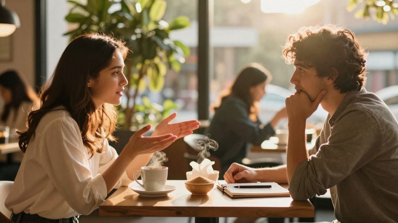 Mulher e homem conversando em cafeteria com xícaras fumegantes em mesa de madeira ao entardecer.