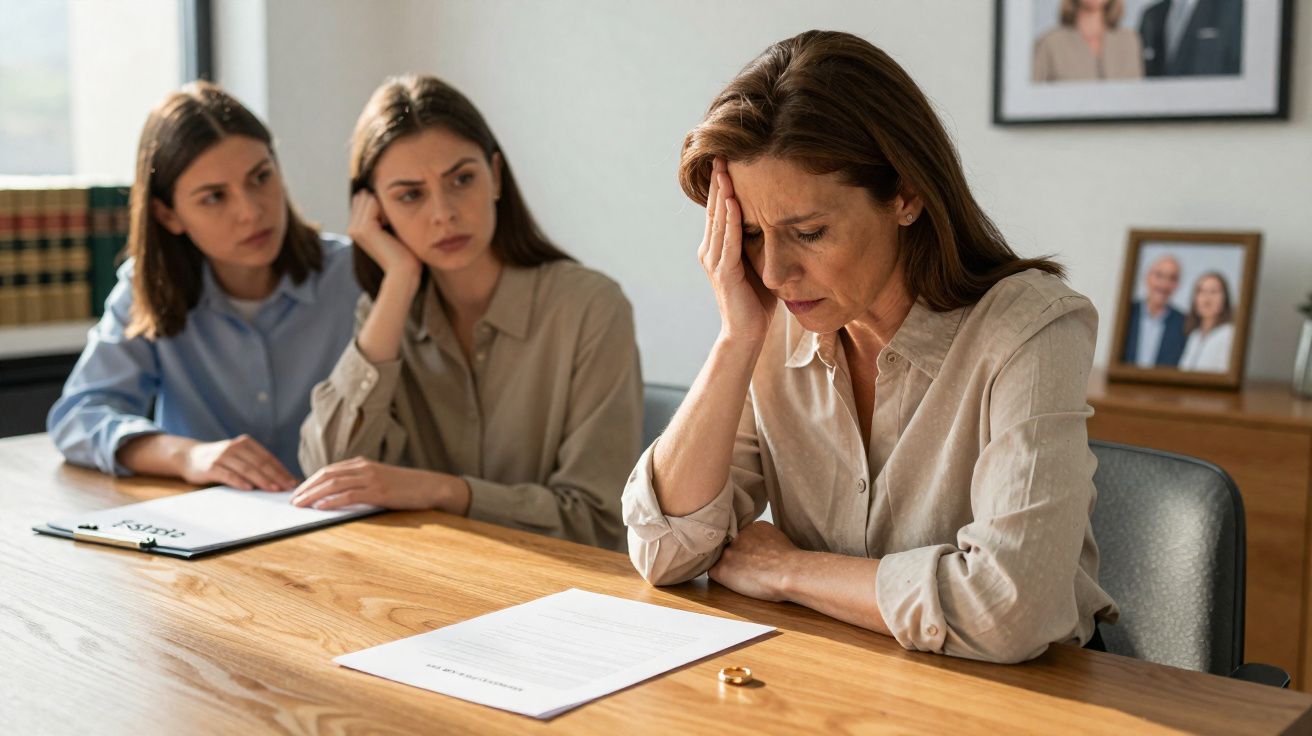 Mulher triste olhando para papel e aliança na mesa, duas mulheres ao fundo observam preocupadas.