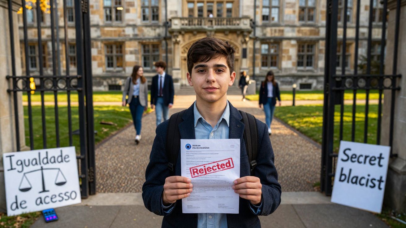 Jovem segura carta com carimbo "Rejected" em protesto por igualdade de acesso em universidade.