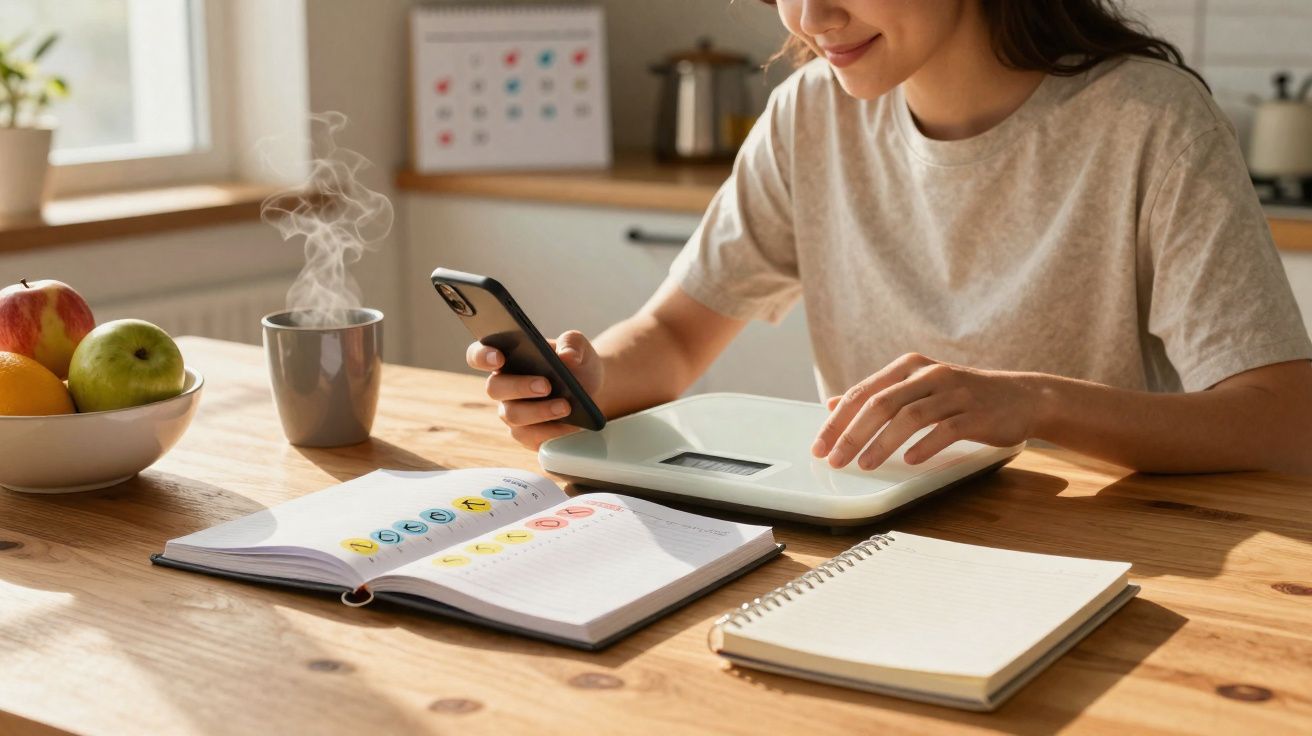 Mulher usando balança digital e celular na cozinha com cadernos e uma xícara de café fumegante.