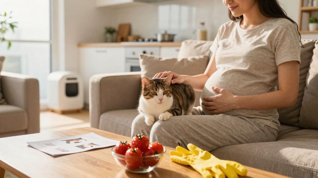 Mulher grávida sentada no sofá acariciando um gato, com luvas e tomate na mesa à frente.