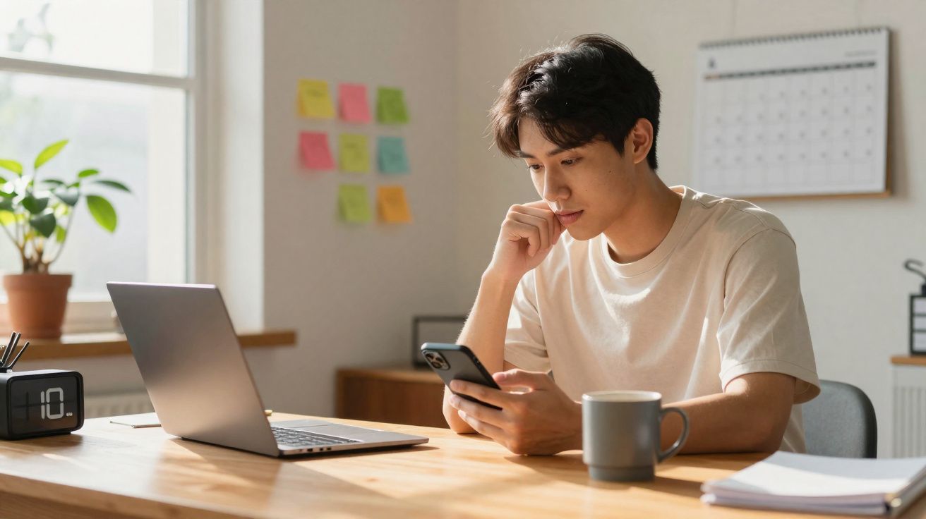 Jovem sentado à mesa usando celular, com laptop, caneca e notas coloridas ao fundo.