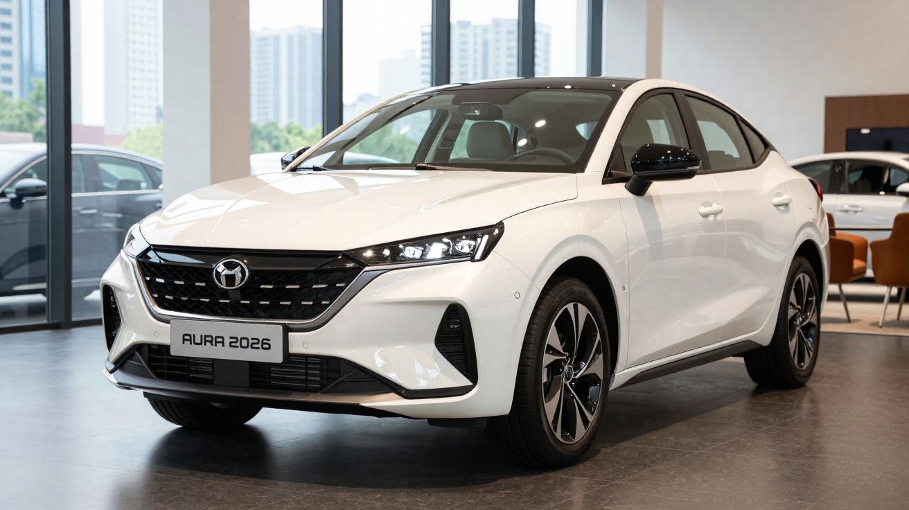 Carro sedan branco modelo Aura 2026 exibido em showroom com vidro e poltronas ao fundo.