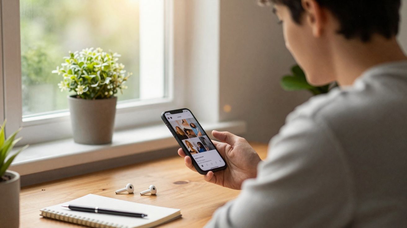 Pessoa usando celular para chamada de vídeo sentada à mesa com caderno, caneta e fones sem fio próximos.